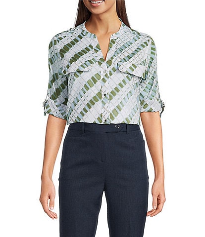 Calvin Klein Printed Cotton Crew Neck Roll Tab Sleeve Button Front Blouse