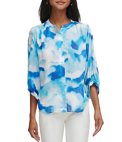 Calvin Klein Printed Crew Neck Pleated Shoulder 3/4 Sleeve Button Front Blouse