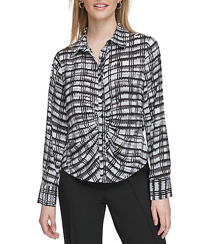 Calvin Klein Printed Georgette Point Collar Long Sleeve Ruched Button Front Top