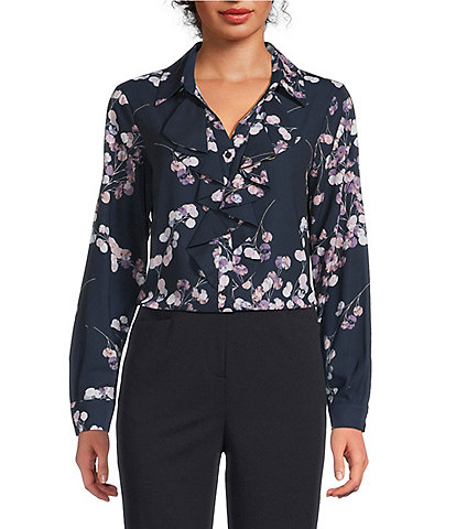 Calvin Klein Printed Georgette Point Collar Long Sleeve Ruffle Button Front Top