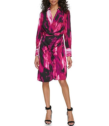 Calvin Klein Printed Georgette V-Neck Long Sleeve Front Gathered A-Line Dress