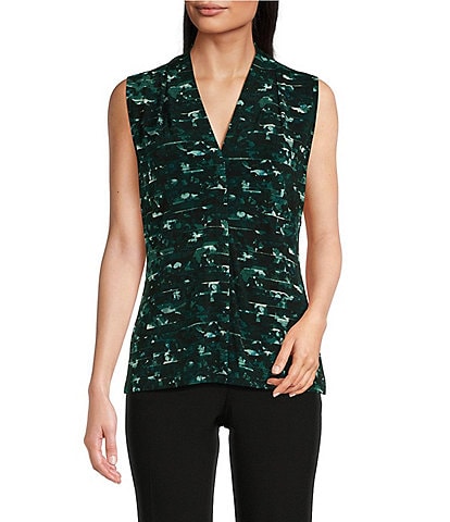 Calvin Klein Printed Knit Jersey Pleated V-Neck Sleeveless Blouse