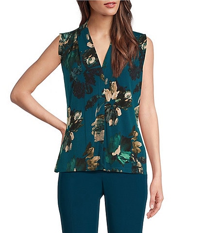 Calvin Klein Printed Knit Jersey Pleated V-Neck Sleeveless Blouse