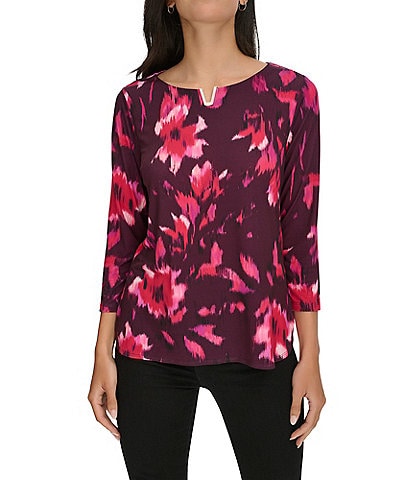 Calvin Klein Printed Knit Split Round Neck 3/4 Sleeves Top