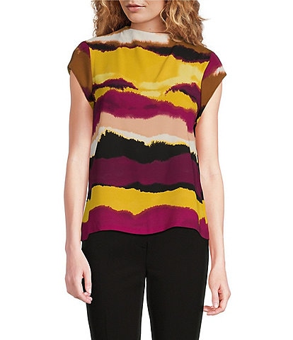 Calvin Klein Abstract Printed Mock Neck Cap Sleeve Top