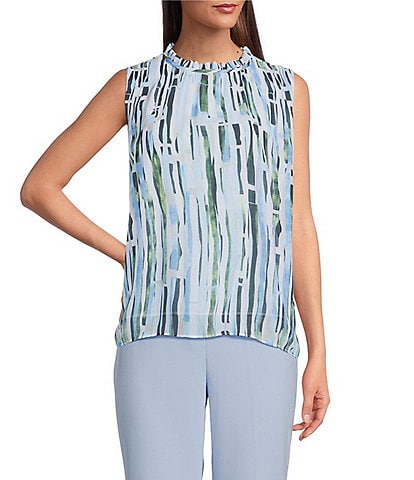 Calvin Klein Printed Novelty Textured Ruffle Mock Neck Sleeveless Top