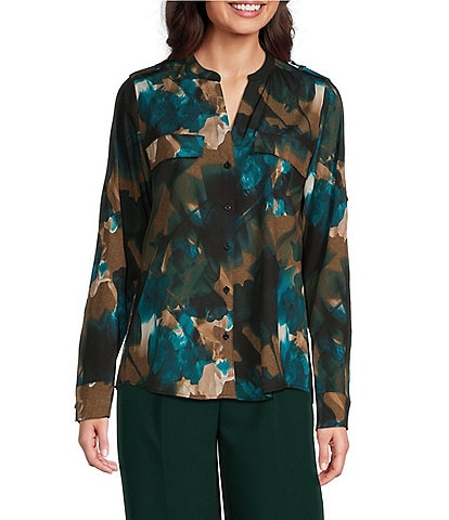 Calvin Klein Printed Roll-Tab Sleeve Button-Front Blouse