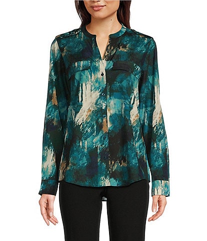 Calvin Klein Printed Roll-Tab Sleeve Button-Front Blouse