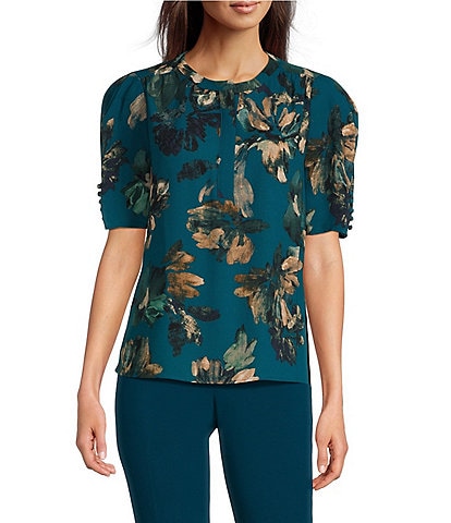 Calvin Klein Printed Short Puff Sleeve Crew Neck Blouse