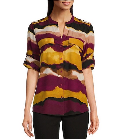 Calvin Klein Abstract Printed Split V Neckline Roll Tab Long Sleeve Blouse