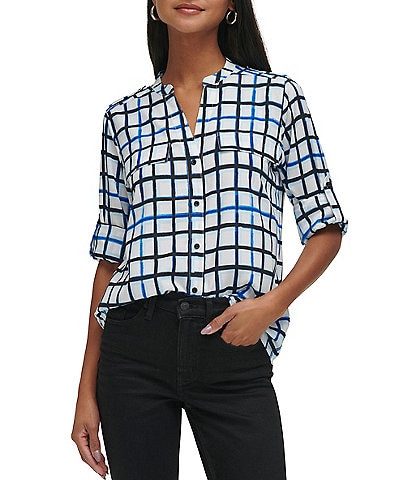 Calvin Klein Printed V-Neck Roll Tab Sleeve Button Front Blouse
