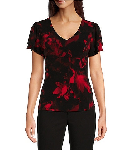 Calvin Klein Printed V-Neck Short Flutter Sleeve Top