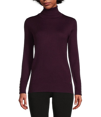 Calvin Klein Ribbed Knit Turtleneck Long Button Cuff Sleeve Top