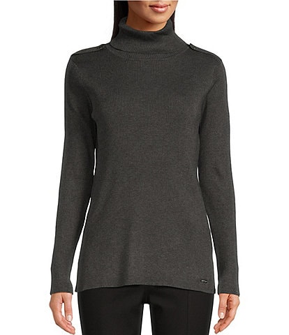 Calvin Klein Ribbed Turtleneck Shoulder Button Detail Sweater