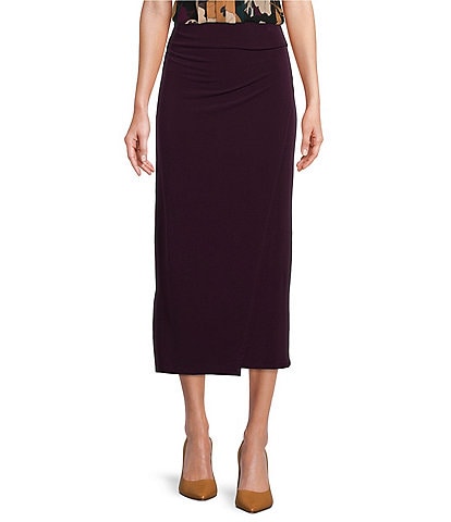 Calvin Klein Ruched Faux Wrap Matte Jersey Pull-On Midi Pencil Skirt