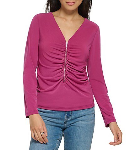 Calvin Klein V-Neck Long Sleeve Ruched Zip Front Top