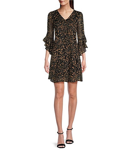 Calvin Klein Ruffle 3/4 Sleeves V-Neck Floral Chiffon Short Sheath Dress