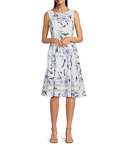 Calvin Klein Scuba Crepe Sleeveless Crew Neck Floral Mesh Lined Cutout A-Line Dress