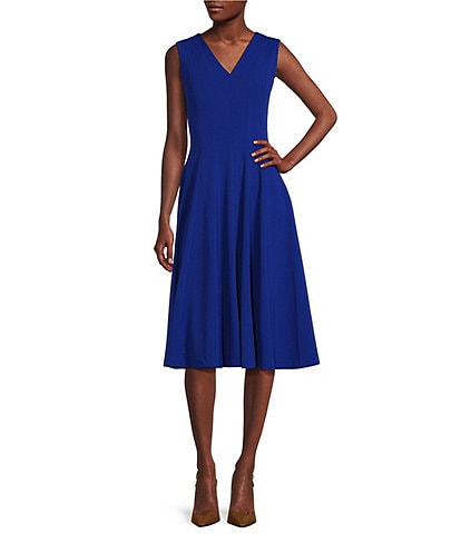 Calvin Klein Scuba Crepe Sleeveless V-Neck Fit and Flare Dress