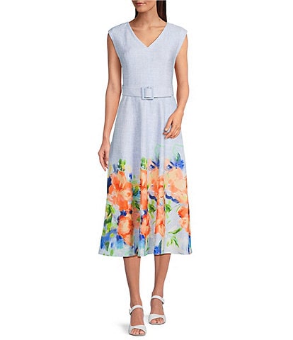 Calvin Klein Scuba Floral Print Cap Sleeve V-Neck A-Line Midi Dress