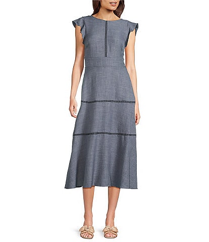 Calvin Klein Short Flutter Sleeve Crew Neck A-Line Midi Dress