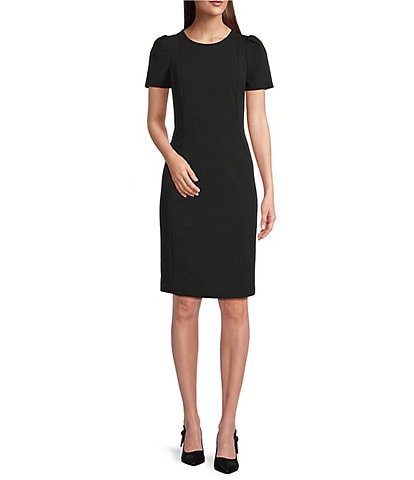 Calvin Klein Short Pleated Sleeve Crew Neck Sheath Dress