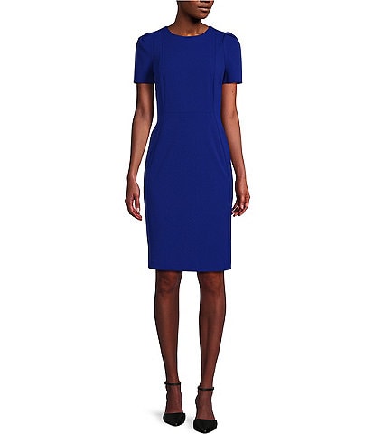 Calvin Klein Fit-And-Flare Button Long Sleeve Dress Scuba Crepe Bishop Dillard\'s V-Neck Cuff 