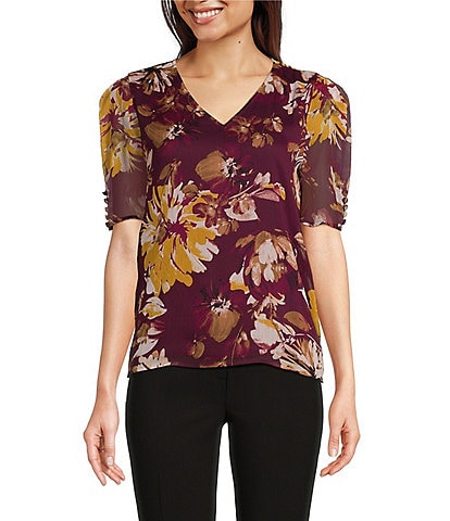 Calvin Klein Short Puff Sleeve V-Neck Blouse