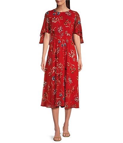 Calvin Klein Short Sleeve Crew Neck Floral Midi Dress