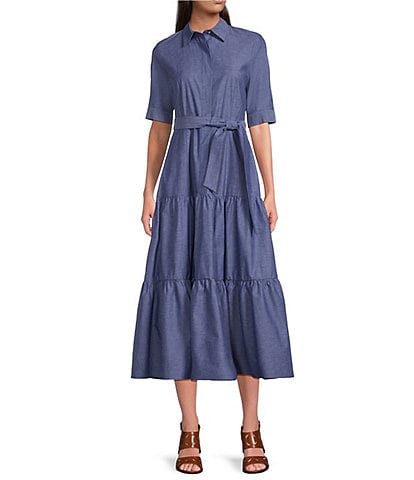 Calvin Klein Short Sleeve Point Collar Tie Waist Denim Tiered Skirt A-Line Midi Dress