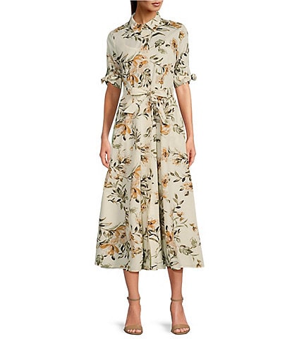 Calvin Klein Short Sleeve Point Collar Tie Waist Floral Pleated Skirt Button Front Midi A-Line Dress