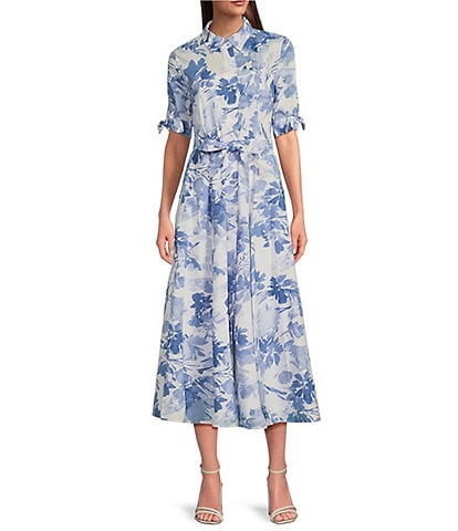Calvin Klein Short Sleeve Point Collar Tie Waist Floral Printed Midi A-Line Dress