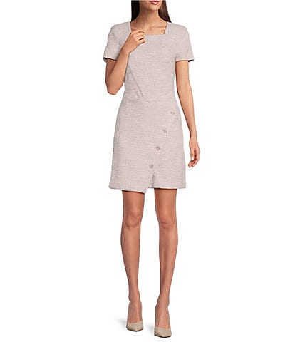 Calvin Klein Short Sleeve Square Neck Asymmetrical Skirt Dress
