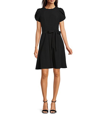 Calvin Klein Scuba Crepe Short Tulip Sleeve V-Neck A-Line Midi Dress |  Dillard's