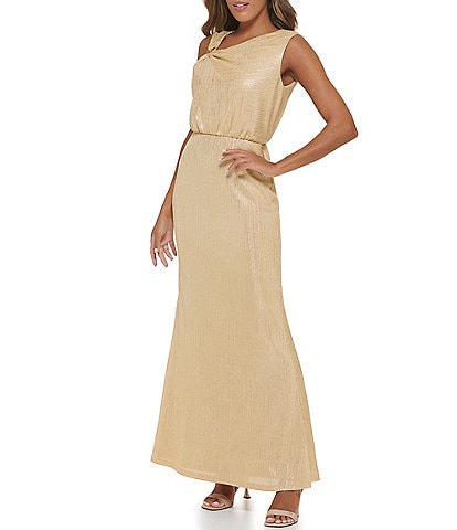 Calvin Klein Sleeveless Asymmetrical Neck Long Glitter Knit Dress