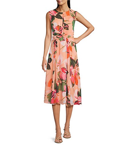Calvin Klein Sleeveless Chiffon Crew Neck Floral Print A-Line Midi Dress