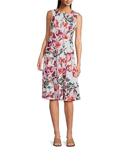 Calvin Klein Sleeveless Crew Neck Floral Scuba Crepe Fit And Flare Dress