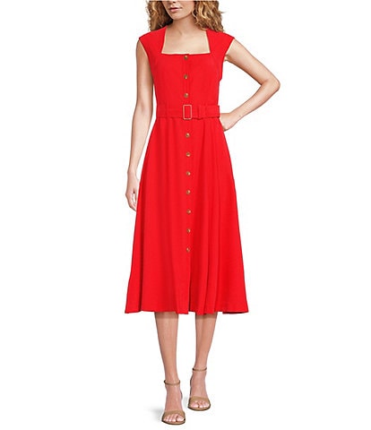 Calvin Klein Sleeveless Square Neck Belted Button Front A-Line Midi Dress