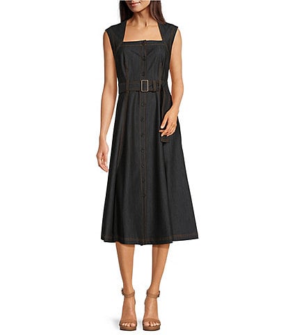Calvin Klein Sleeveless Square Neck Belted Denim A-Line Midi Dress