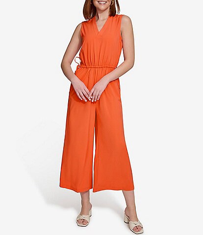 Calvin Klein Sleeveless V-Neck Cinched Waist Pocketed Crop Wide Leg Jumpsuit