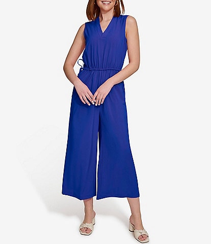 Calvin Klein Sleeveless V-Neck Cinched Waist Pocketed Crop Wide Leg Jumpsuit