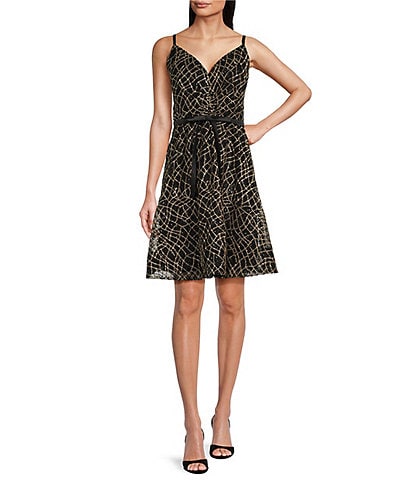 Calvin Klein Sleeveless V-Neck Sequin Mesh Short A-Line Dress