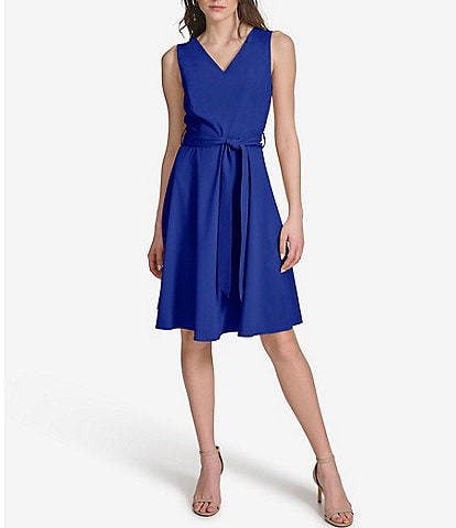 Calvin Klein Sleeveless V-Neck Tie Waist Fit and Flare Dress
