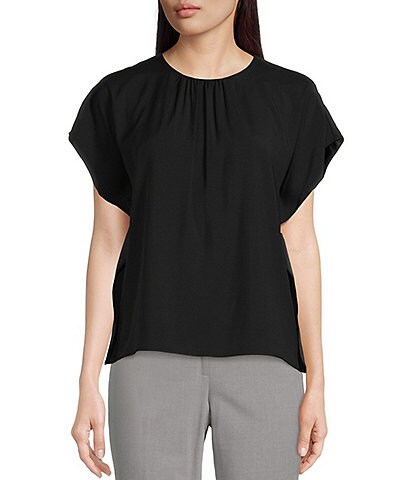 Calvin Klein Solid Charmeuse Crew Pleated Neck Short Dolman Sleeve Poncho Top