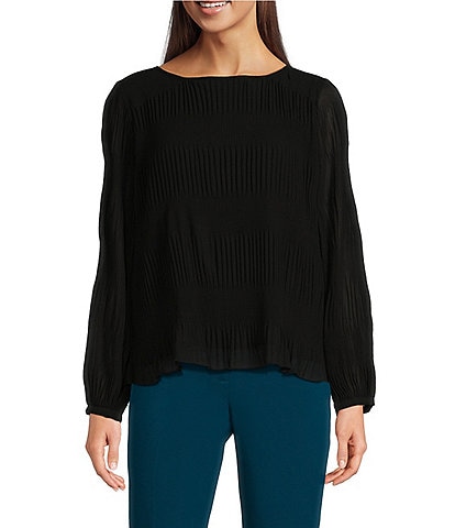 Calvin Klein Solid Chiffon Accordion Pleat Crew Neck Long Sleeve Top