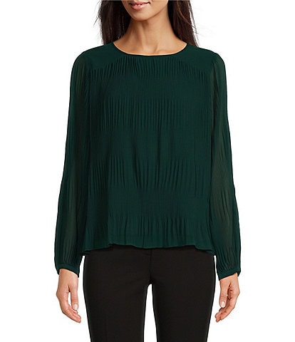 Calvin Klein Solid Chiffon Accordion Pleat Crew Neck Long Sleeve Top