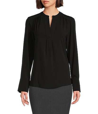 Calvin Klein Solid Crepe de Chine Split V-Neck Long Sleeve Blouse