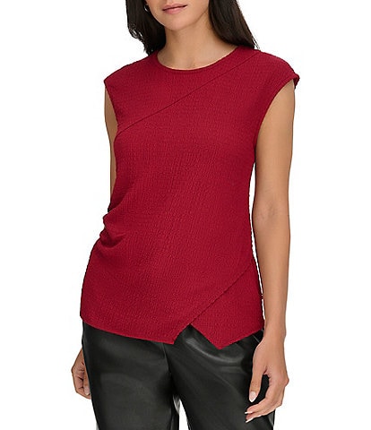 Calvin Klein Solid Knit Crew Neck Cap Sleeves Asymmetrical Hem Top