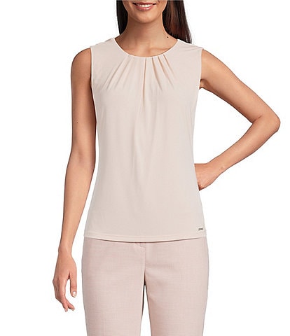 Calvin Klein Solid Knit Pleated Crew Neck Sleeveless Cami Top