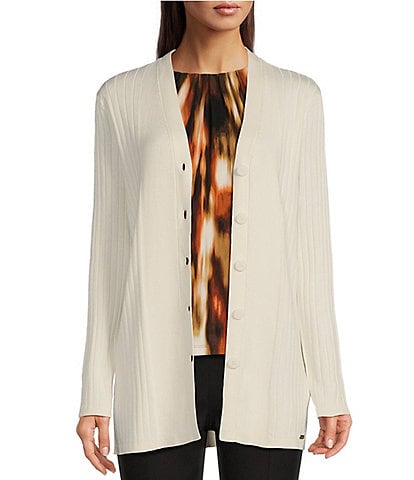 Calvin Klein Solid Knit V-Neck Long Sleeve Button Front Cardigan